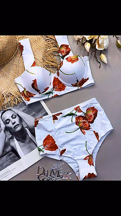 Роздільний жіночий купальник білий із трояндами, фото 1