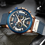 Сині брендові чоловічі стрілочні кварцові годинники зі шкіряним ремінцем з секундоміром., фото 5