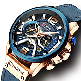 Сині брендові чоловічі стрілочні кварцові годинники зі шкіряним ремінцем з секундоміром., фото 7