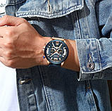 Сині брендові чоловічі стрілочні кварцові годинники зі шкіряним ремінцем з секундоміром., фото 8