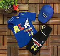 Модный костюм для мальчика - футболка, шорты и кепка, в синем цвете