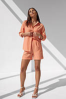 Літній жіночий натуральний лляний костюм персиковий, шорти та сорочка 46, 48