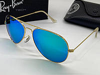 Солнцезащитные очки Ray Ban RB3025 Aviator стеклянные авиаторы зеркальные голубые линзы в золотистой оправе