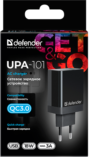 Мережева зарядка DEFENDER (83573)UPA-101 чорний, 1 USB, QC 3.0, 18W ...