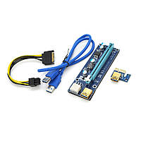 Riser PCI-EX, x1=>x16, 6-pin, SATA=>6Pin, USB 3.0 AM-AM 0,6 м (синий), конденсаторы 270, Пакет