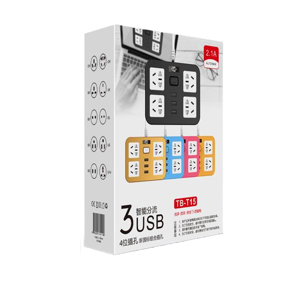Мережевий фільтр ТВ-Т15, 4 розетки + 3 USB, 2 м, переріз 3х0,75 мм, 2500 W, Black, Box