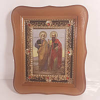 Икона Петр и Павел святые апостолы, лик 10х12 см, в светлом деревянном киоте с камнями