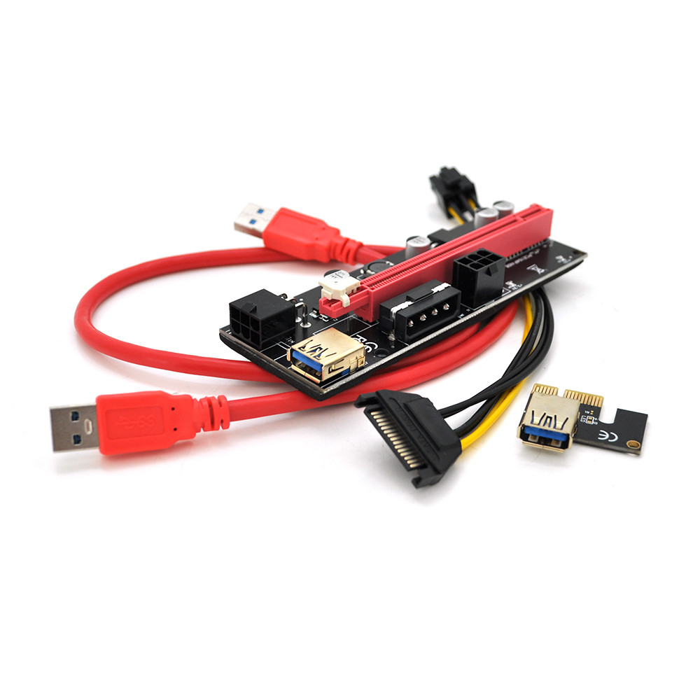 Riser PCI-EX, x1 => x16, 4-pin/6-pin, SATA=>6Pin, USB 3.0 AM-AM 0,6 м (червоний), конденсатори 271, VER009S, фото 1