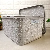 Великий ажурний сірий кошик для зберігання з кришкою 18л