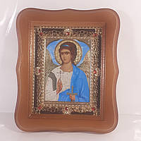 Икона Ангел Хранитель, лик 10х12 см, в светлом деревянном киоте с камнями