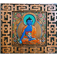 Панно "Будда медицины",деревянное ,резное, в рамке (40×45×2.2см),покрыто патиной,лаком, эмалями.