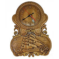 Панно деревянное, резное "Часы с парусником", (40*29*2,2), ручная роспись эмалями, покрыто патиной