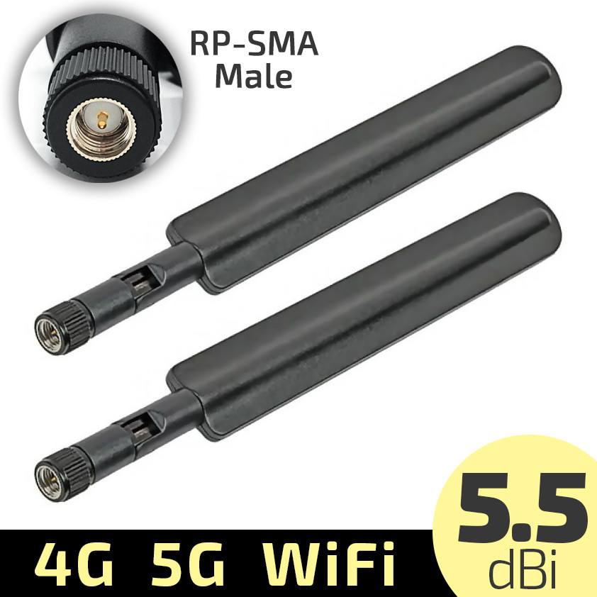 2шт WiFi GSM 5G 4G LTE антенны 5.5 dBi 2300-4200 Мгц RP SMA Male для роутеров, модемов, репитеров и т.п.