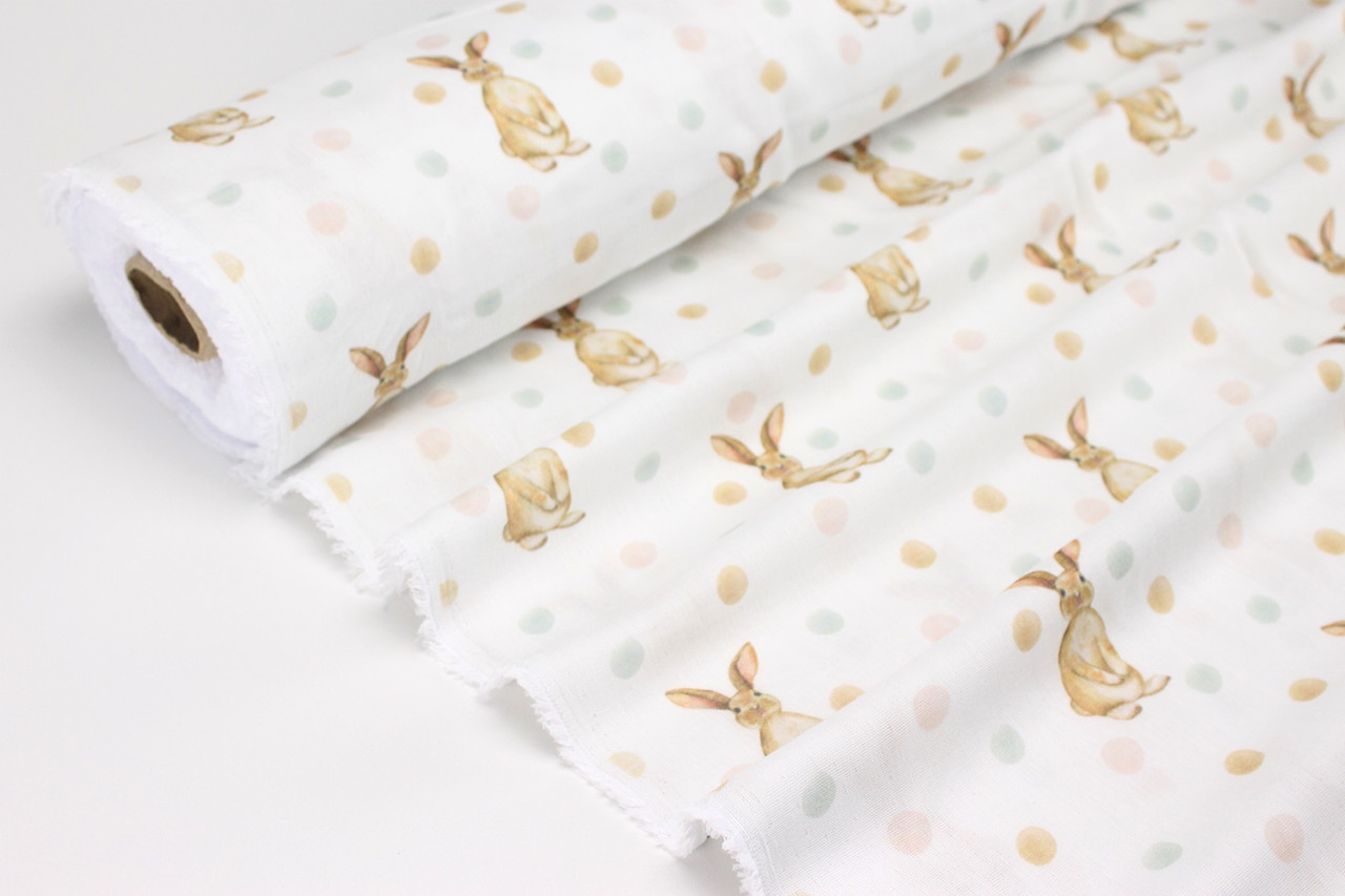 Муслін жатий цифровий друк "Кролики з кольоровим горохом" на білому тлі № МЦ 1-034, фото 1