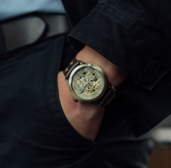 Хороший модний годинник на руку чоловічий зі шкіряним ремінцем з автопідзаводом, фото 1