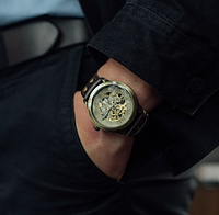 Хороший модний годинник на руку чоловічий зі шкіряним ремінцем з автопідзаводом