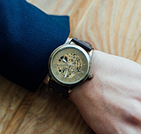 Хороший модний годинник на руку чоловічий зі шкіряним ремінцем з автопідзаводом, фото 5
