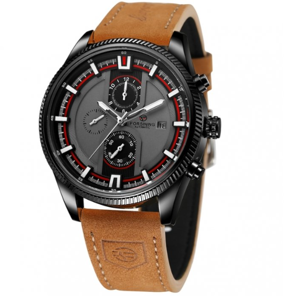 Хороший класичний наручний годинник механічний чоловічий на шкіряному ремінці з автопідзаводом, фото 1