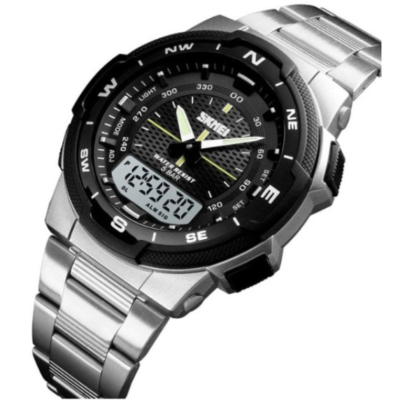 Тактичний срібний наручний кварцовий армійський годинник skmei з металевим ремінцем, фото 1