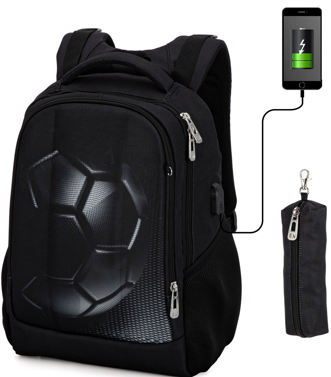Рюкзак ортопедичний шкільний чорний підлітковий для хлопчика Футбол USB і пенал Skyname 57-35