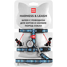 Шлея з повідцем XXS 25-40 см WAUDOG Nylon з QR паспортом Етно синій для собак та котів