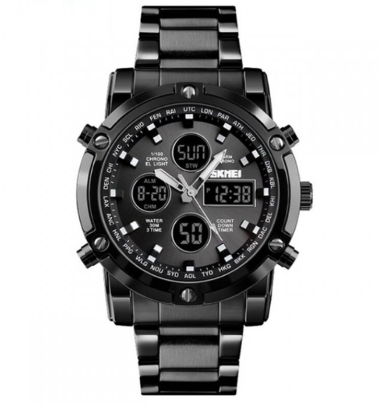 Спортивний годинник металевий чорний з металевим ремінцем із будильником, підсвіткою й секундоміром, фото 1