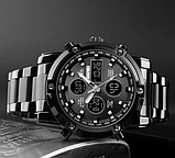 Спортивний годинник металевий чорний з металевим ремінцем із будильником, підсвіткою й секундоміром, фото 2