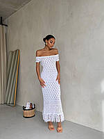 Платье миди Мечта женское нежное вязаное с открытыми плечами с ажурным узором и бахромой Smdi7233