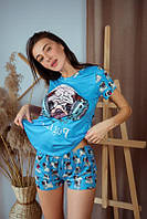 Женская пижама футболка+шорты (р.42-52) с принтом "Мопс" в разных цветах M, 42/44, Голубой