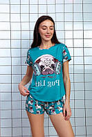 Женская пижама футболка+шорты (р.42-52) с принтом "Мопс" в разных цветах M, 42/44, Бирюзовый