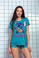 Женская пижама футболка+шорты (р.42-52) с принтом "Стич" в разных цветах M, 42/44, Бирюзовый