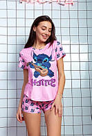 Женская пижама футболка+шорты (р.42-52) с принтом "Стич" в разных цветах L, 46/48, Пудра