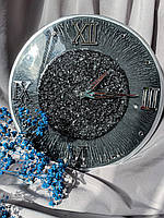 Часы настенные из эпоксидной смолы на стену серые с камнями с серебрянными римские цифры зеркальные тихий ход