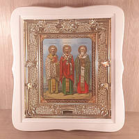 Икона Василия Великого, Иоанна Златоуста, Григория Богослова,лик 15х18 см, в белом фигурном киоте, тип 2.