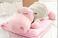 Іграшка-подушка з пледом всередині бегемотик рожевий