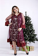 Красивий святковий комплект: пряма сукня з мереживним принтом і розкішна довга накидка, 56, 66 розмір!