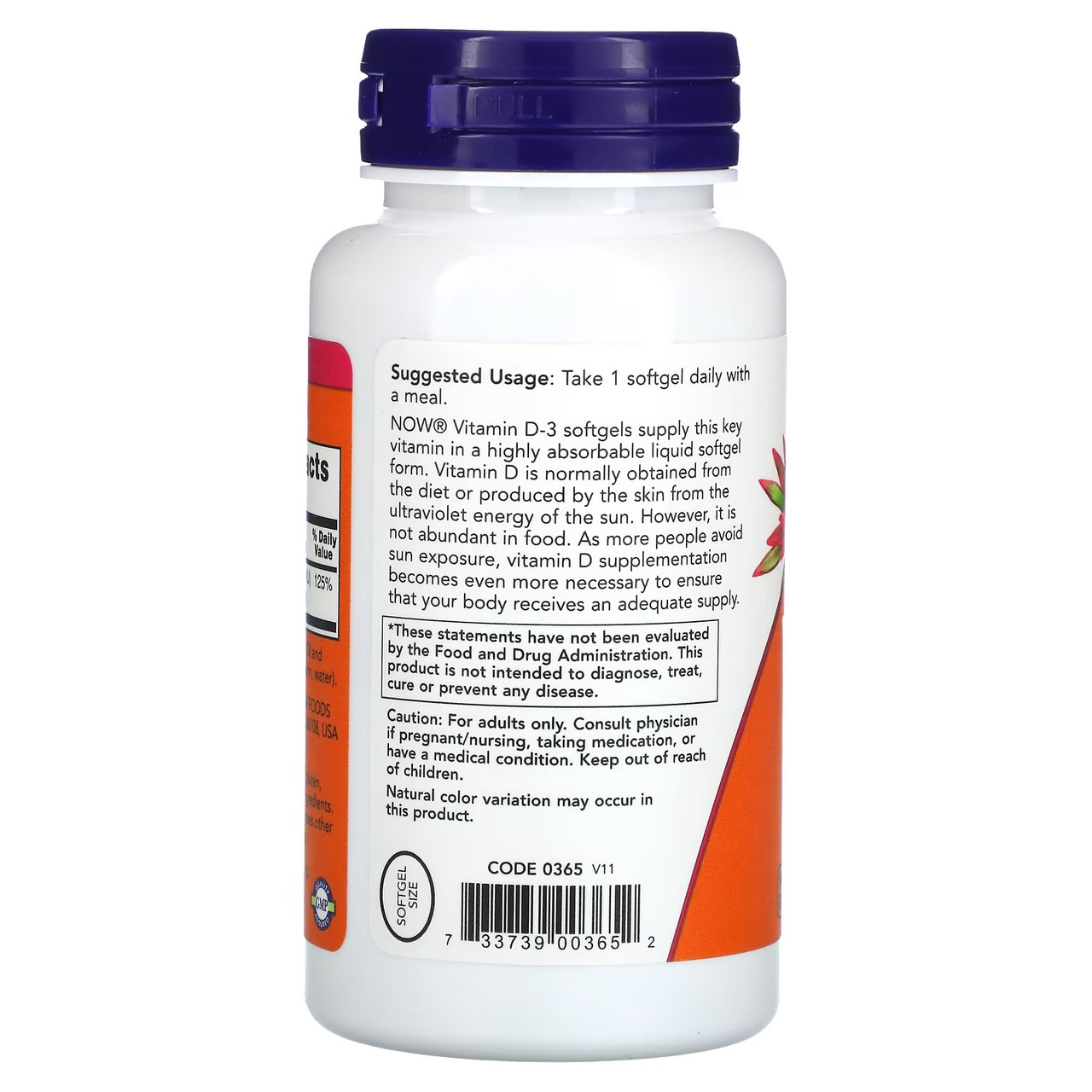 Витамин D3 NOW Foods "Vitamin D3" высокоактивный, 1000 МЕ (180 капсул ...