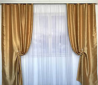 Комплект однотонних штор золотого кольору без ламбрекена в зал або спальню, фото 1
