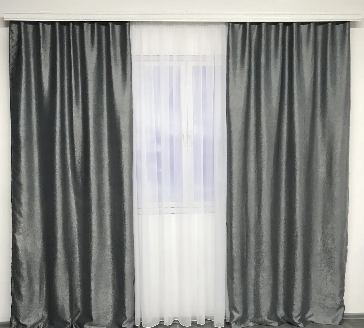 Комплект однотонних штор сталевого кольору без ламбрекена в зал, спальню, фото 1
