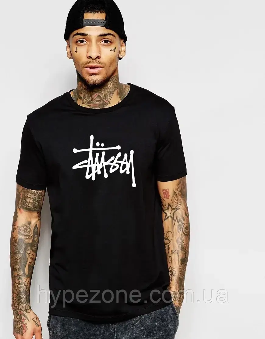 Чоловіча чорна футболка Stussy з принтом Стусі Стильна молодіжна футболка Стасі хлопцю Спортивний одяг хб