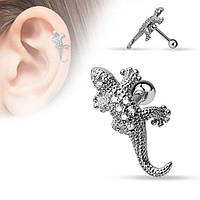 Сережка для пірсингу трагуса, хеликса, хряща вуха "Ящірка" Spikes JA15922, штанга з медичної сталі з