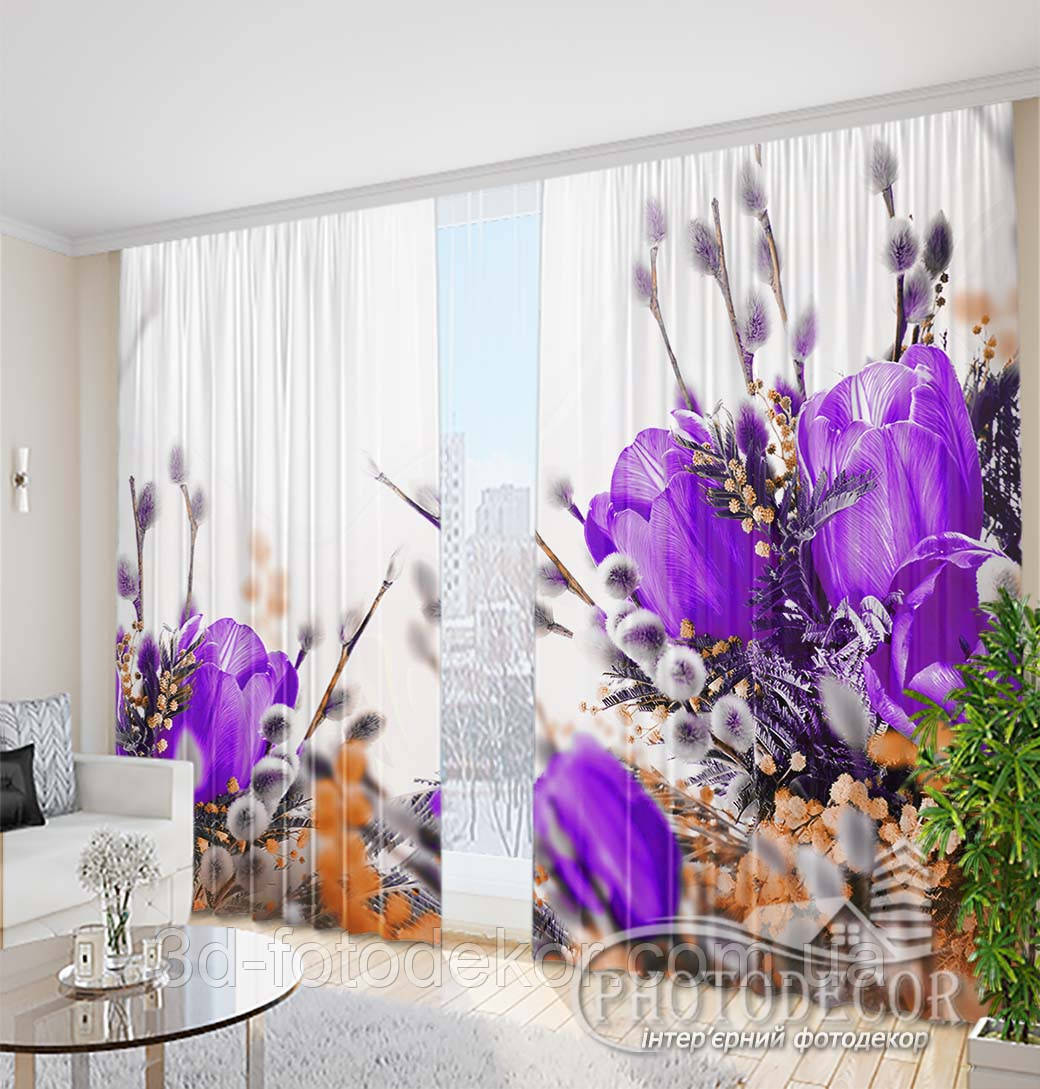 Фото Штори "Фіолетові тюльпани з котиками" 2,5м*2,9м (2 полотна по 1,45м), тасьма