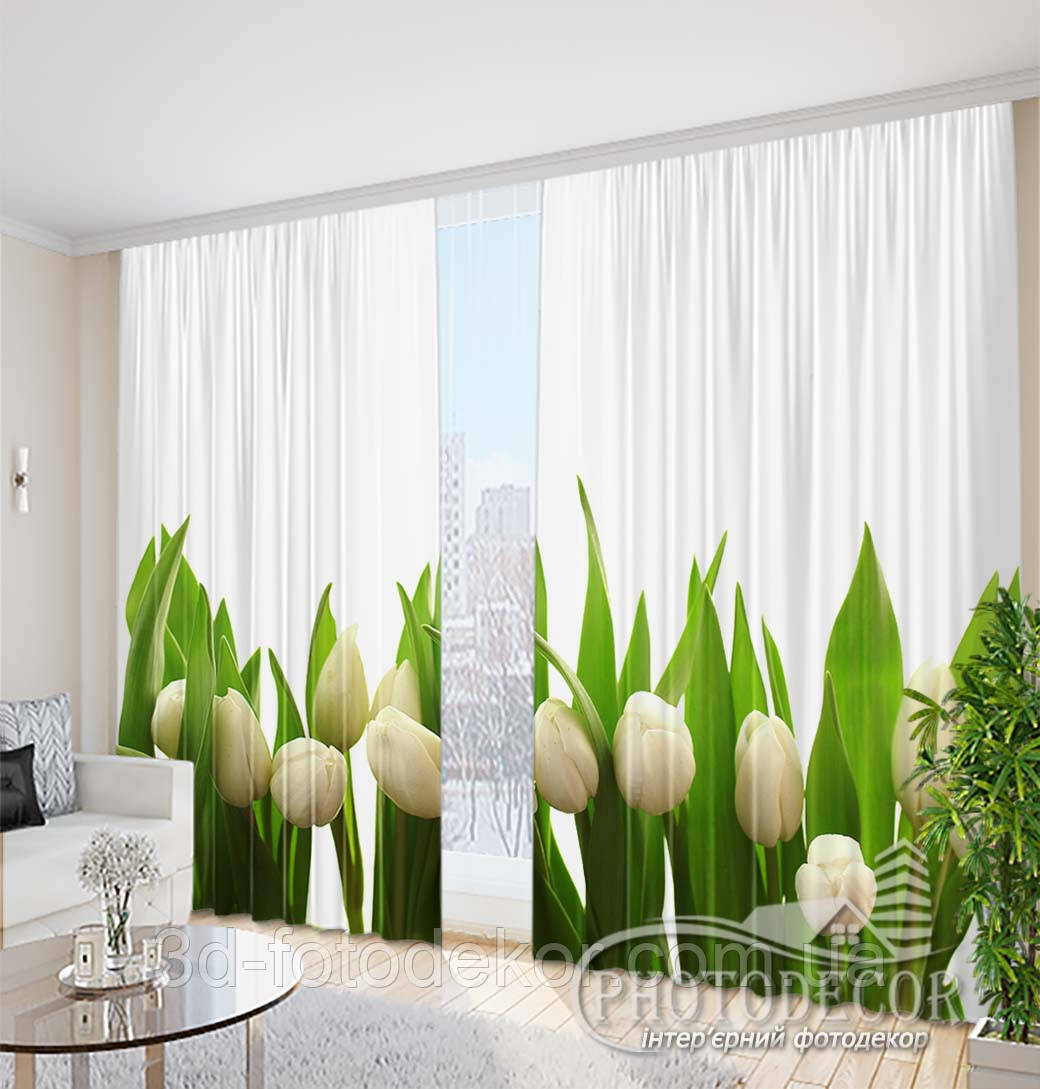 3D Фото Штори "Білі тюльпани" 2,5м*2,9м (2 полотна по 1,45м), тасьма