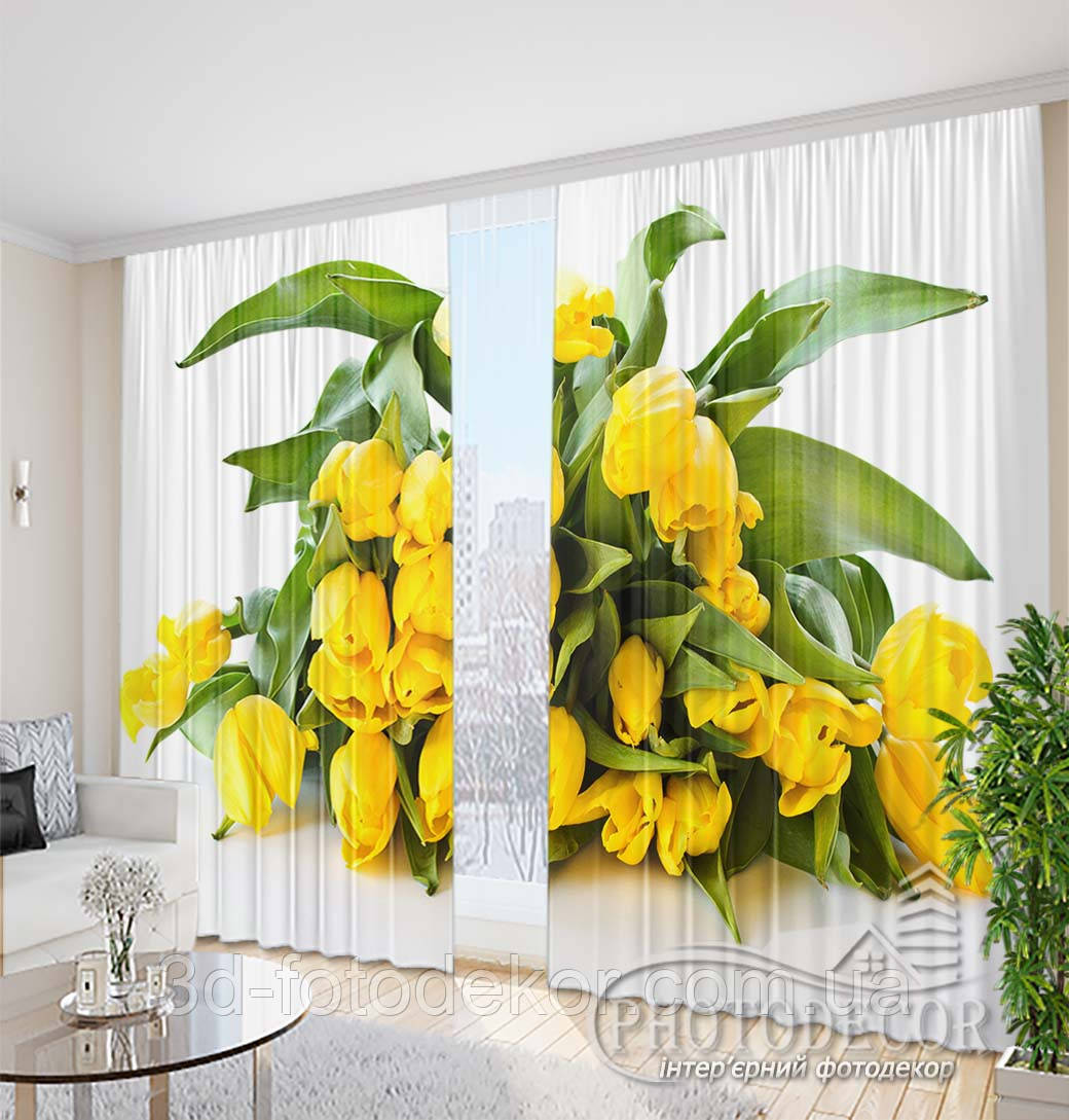 Фото Штори "Жовті тюльпани на білому фоні" 2,5м*2,9м (2 полотна по 1,45м), тасьма, фото 1