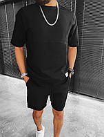 Летний мужской комплект футболка шорты черный, Мужские шорты и футболка комплектом однотонный Турция (хлопок