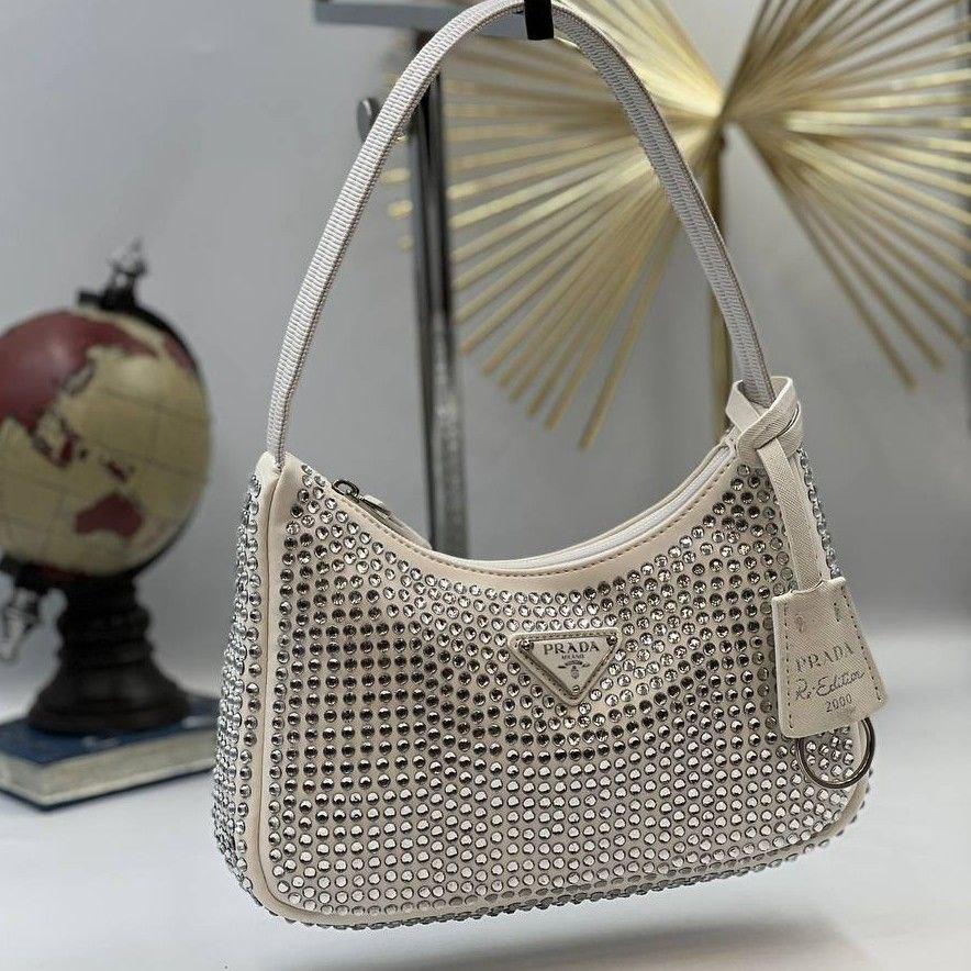 Жіноча брендова сумка Prada Cleo Beige  ⁇  Прада Клео Бежева зі стразами