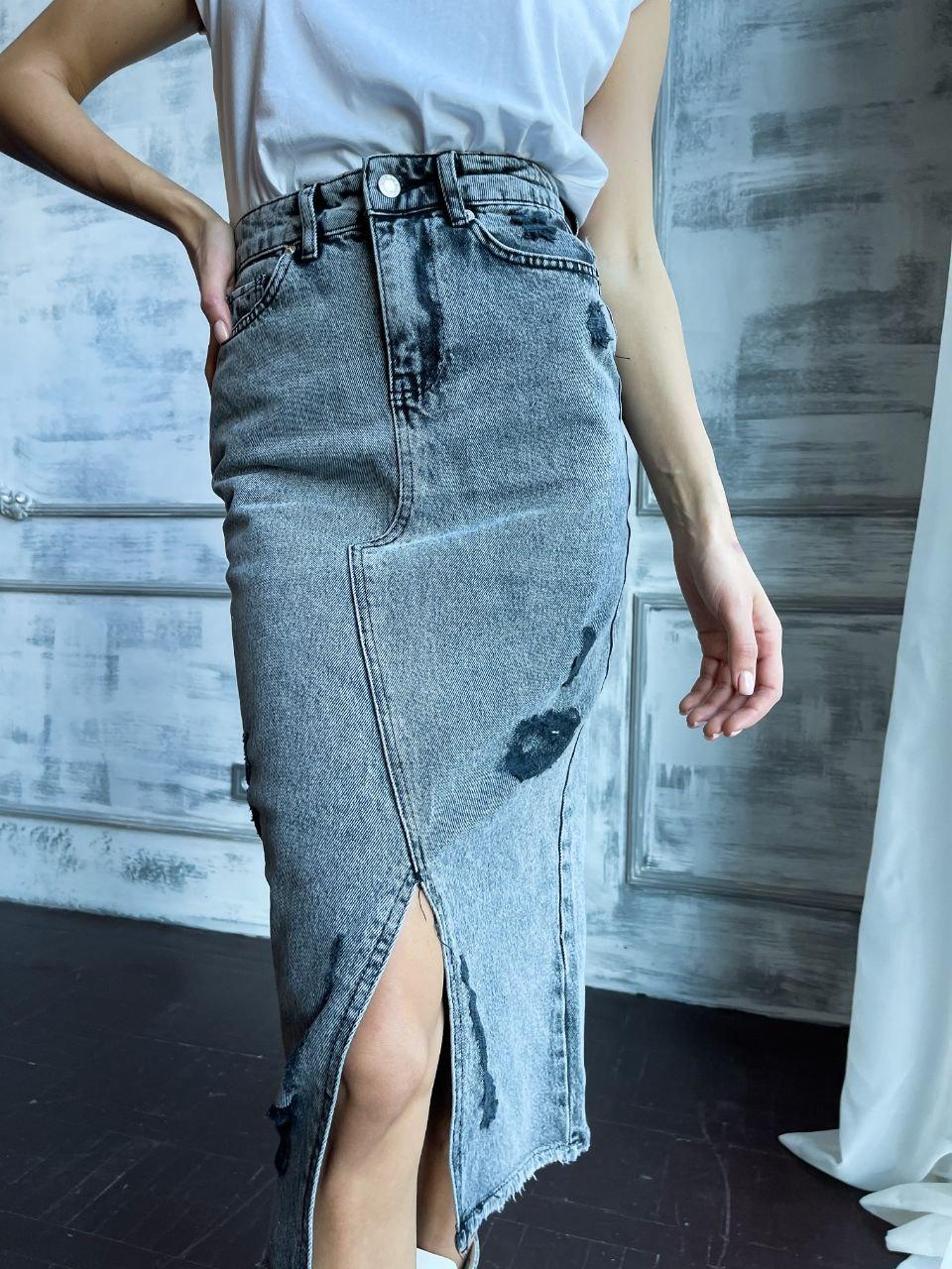 Джинсова спідниця олівець довжиною нижче колін з розрізом спереду та високою посадкою (р. 32-40) 79si1009, фото 1