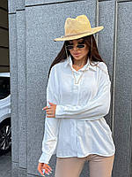 Женская однотонная стильня белая оверсайз рубашка ткань жатка размер 42-46