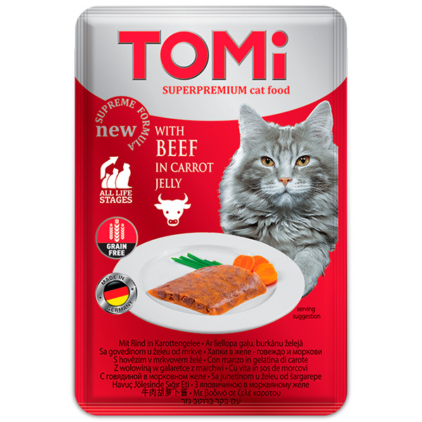 TOMi BEEF in carrot jelly ТОМИ ГОВЯДИНА В МОРКВЯНОМУ ЖЕЛЕ суперпреміум вологий корм, консерви для кішок,