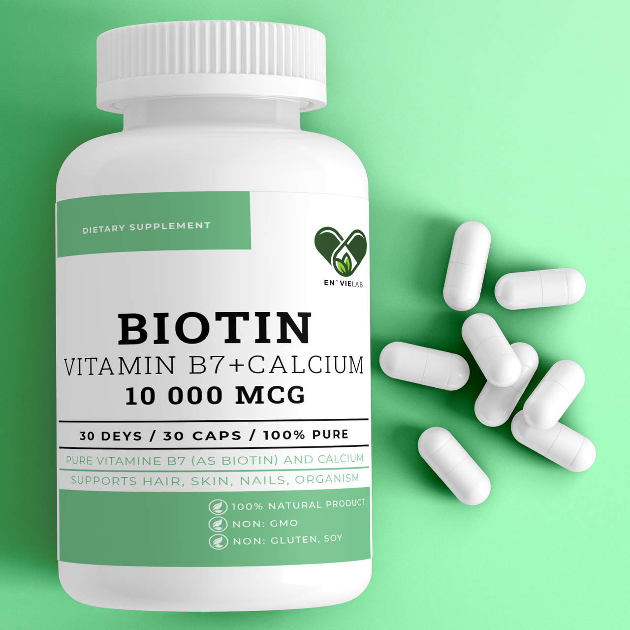 Біотин для волосся 10 000 мкг. PREMIUM з кальцієм (Biotin 10 000 mcg.) EN'VIE LAB 30 капсул